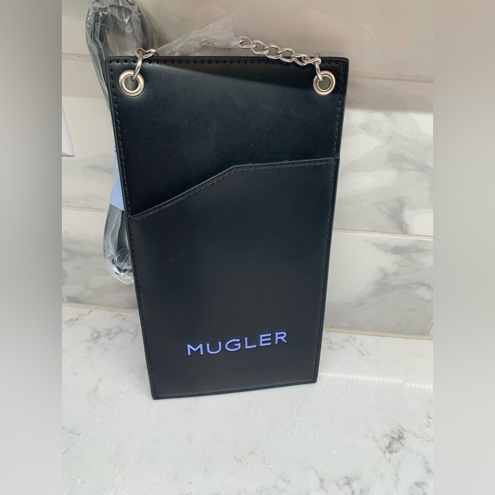 NEW Mugler Black Vegan Leather Phone Pouch with Silver Chain Crossbody Bag